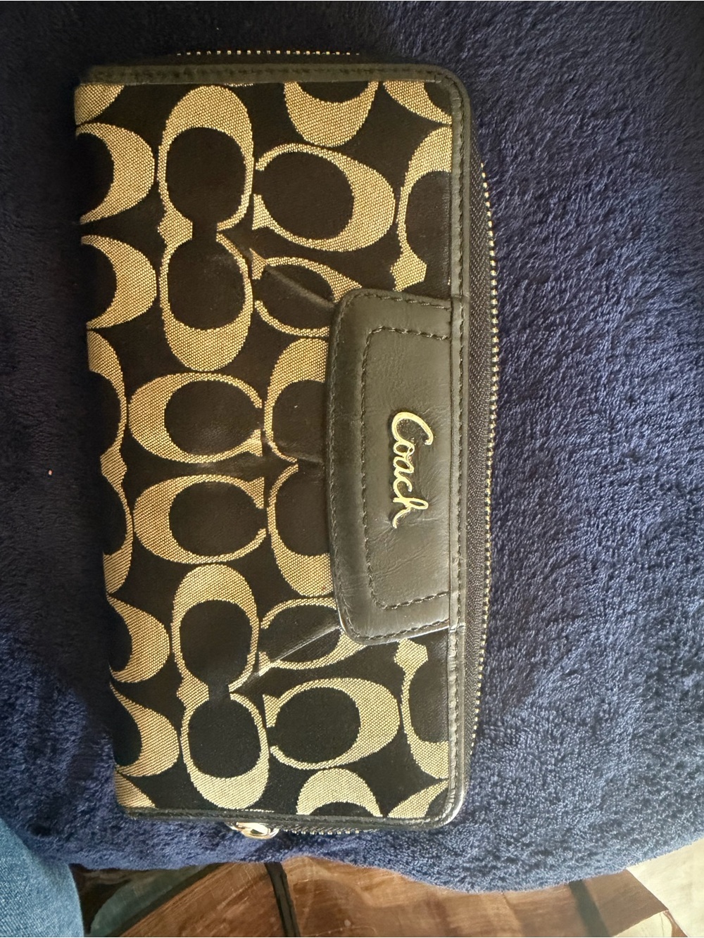 Coach Black and Khaki Signature Zip-Around Wallet